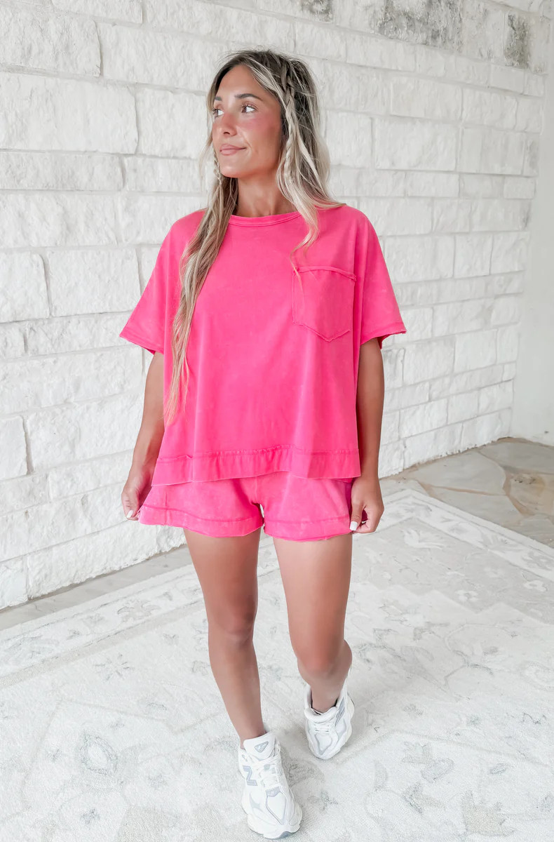 Butter Bliss Acid Washed Exposed Seam Boxy Top & Shorts Set - Fuchsia | CK Squared Boutique