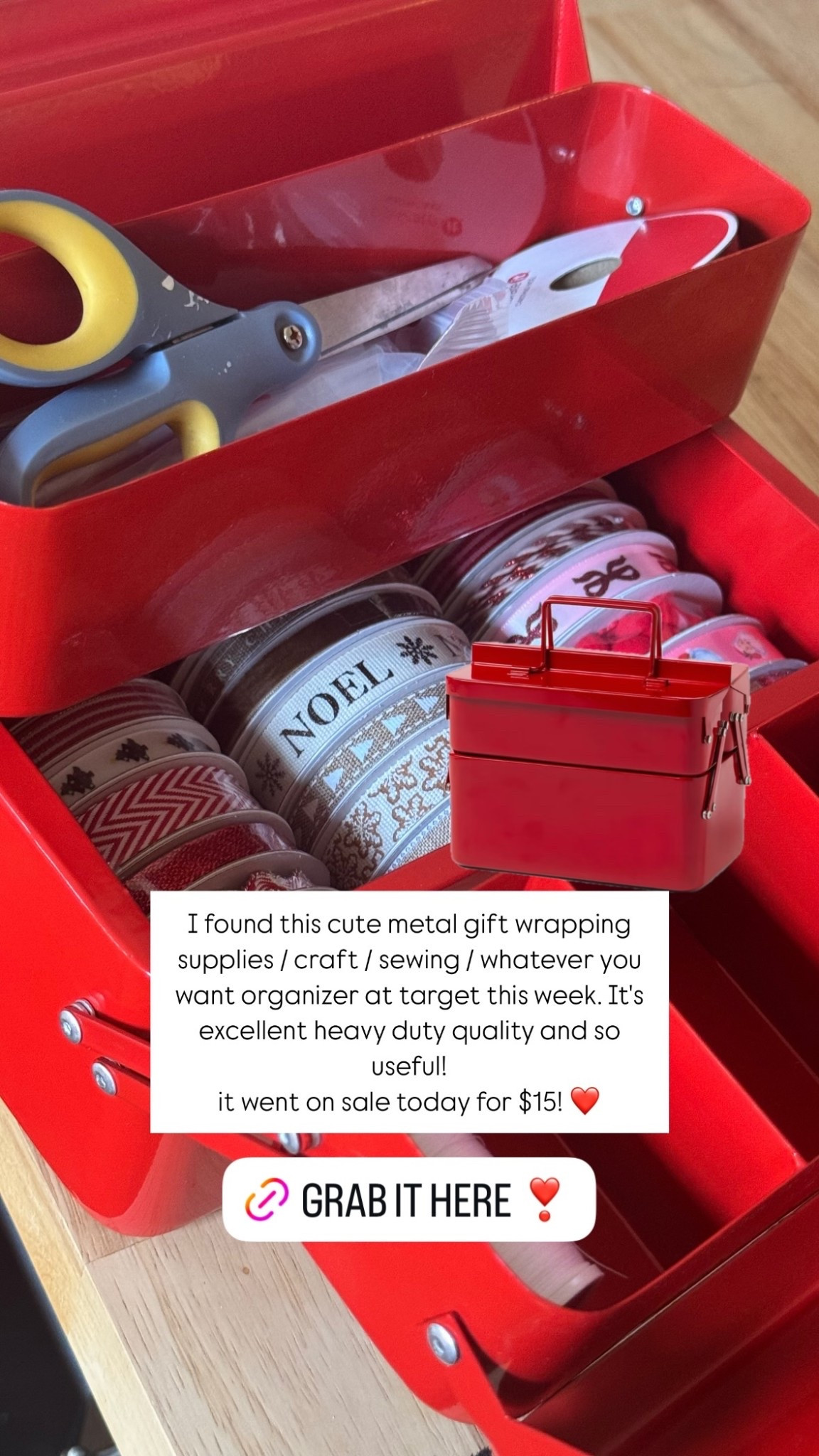 I found this cute metal gift wrapping supplies / craft / sewing / whatever you want organizer at target this week. It's excellent heavy duty quality and so useful! 
it went on sale today for $15! ❤️