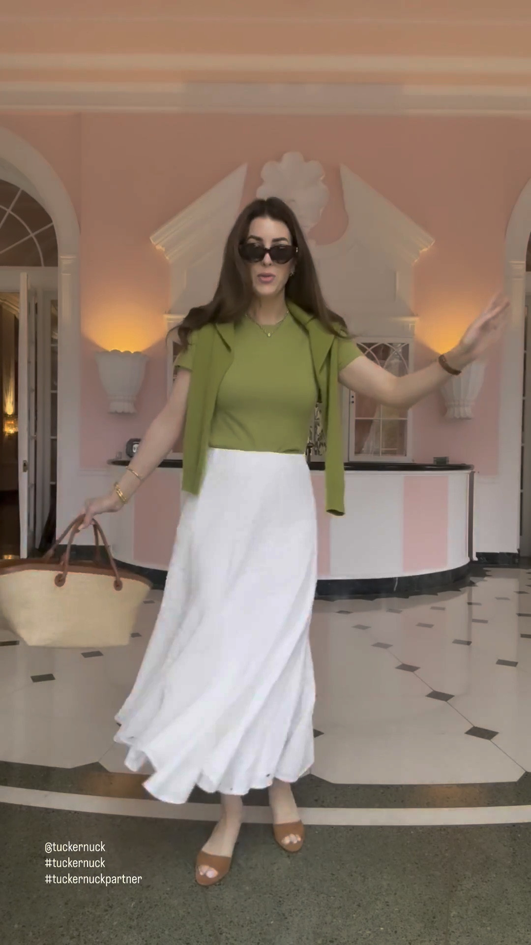 Sizing first — I am wearing a small in everything and true to size 8 in both pairs of shoes. 🌸
The most perfect backdrop for spring pieces — The Greenbrier did not disappoint.
The shorts and matching blazer were made for a resort casual moment, especially with a little chill in the air. Once I put this on here I knew it was exactly right. The kind of set that works so many places but somehow looks best somewhere beautiful.
The white skirt with the green tee and cardigan — that green is still my absolute favorite color right now and I cannot stop wearing it. I flew home in this exact set that afternoon and got compliments the entire way. Comfortable, polished, and completely put together without trying.
Fresh bags, classic well-made pieces, and spring pieces that just make you happy to get dressed. That is the whole point.
  @Tuckernuck 

 #Tuckernuck #TuckernuckPartner 

#LTKootd #LTKSeasonal #LTKOver40