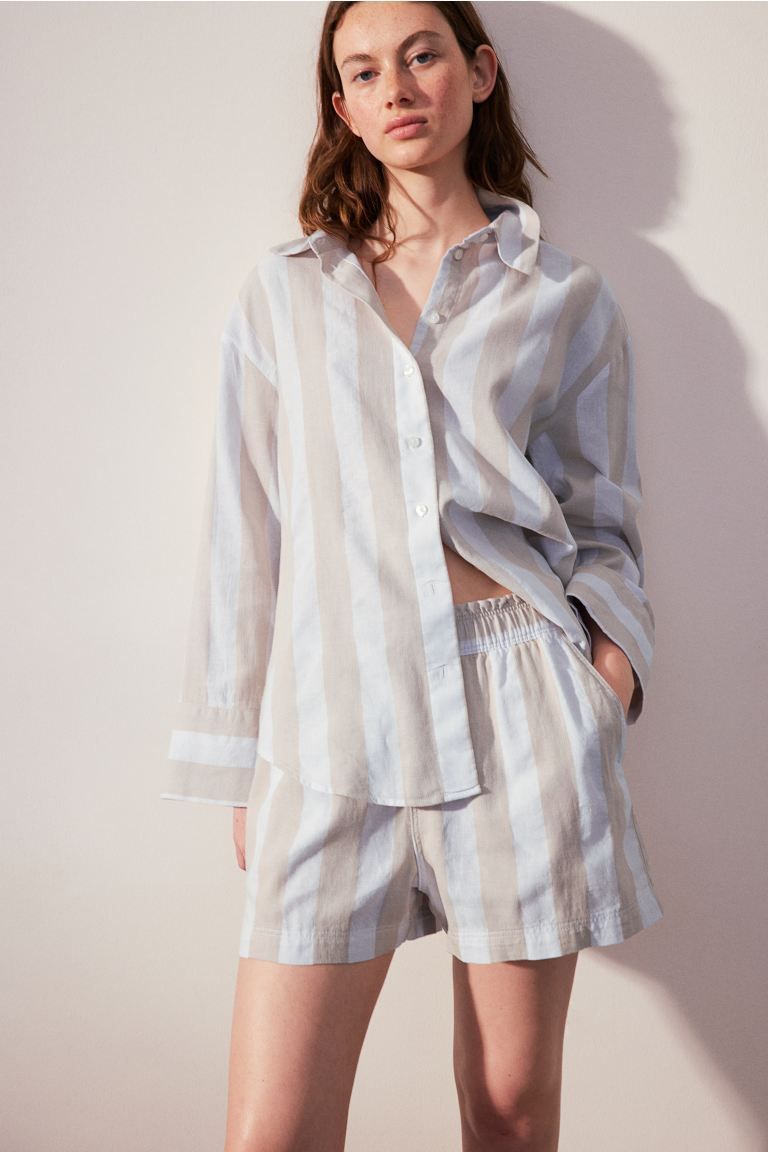 Linen Shorts - High waist - Short - Light beige/striped - Ladies | H&M US | H&M (US + CA)