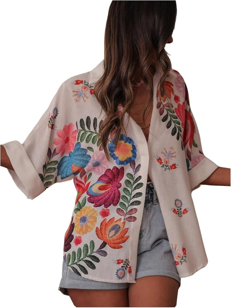 GORGLITTER Women's Boho Floral Print Tops Oversized Short Sleeve Button Down Collared Shirts Summ... | Amazon (US)