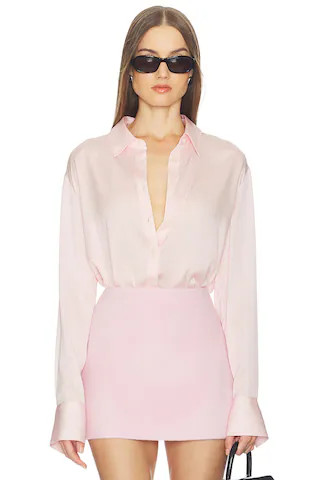 SRG Odette Silk Button Down Shirt in Blush & White Stripe from Revolve.com | Revolve Clothing (Global)