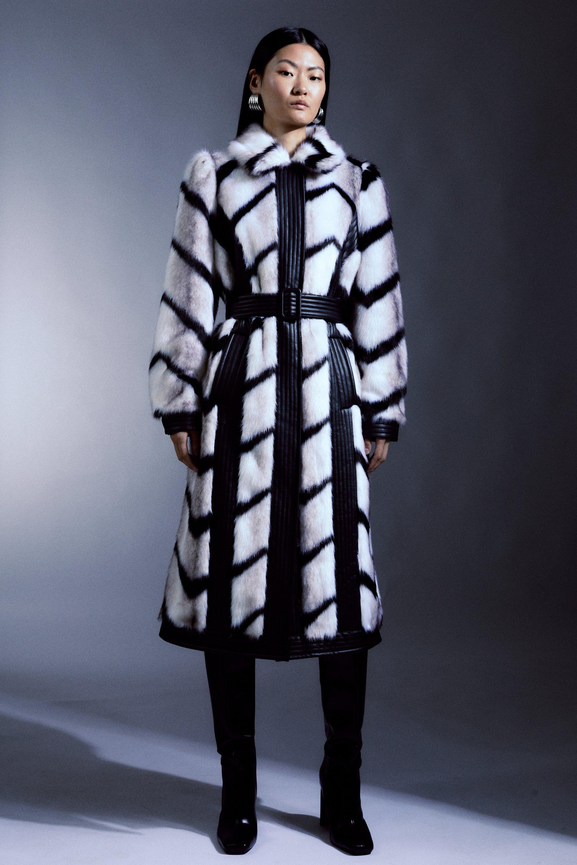 Panelled Stripe Faux Fur Pu Belted Long Coat | Karen Millen UK + IE + DE + NL