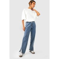 Womens Stonewash Split Hem Straight Leg Jeans - Blue - 8 | boohoo (US & Canada)
