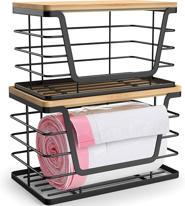2 Pack Storage Stackable Kitchen Laundry Organizers with Bamboo Top, Wall Mount Large Trash Bag H... | Amazon (US)