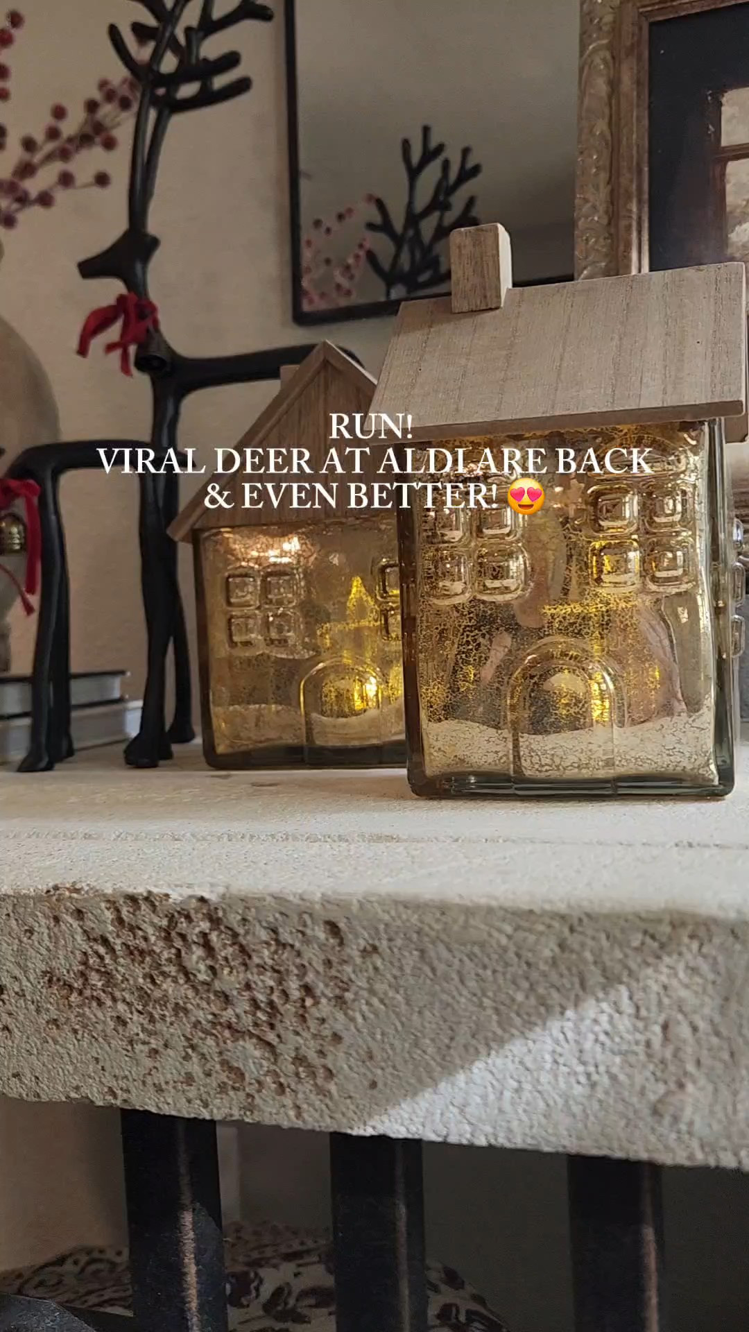 Christmas console styling! Skinny deer, glass houses, arch mirror, bells, vase with berries

#LTKHoliday #LTKSeasonal #LTKHome