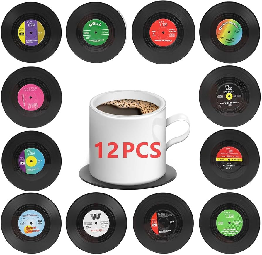 12 PCS Funny Retro Vinyl Record Coasters,Bars,Birthdays, Parties for Music Lovers Colorful Coaste... | Amazon (US)