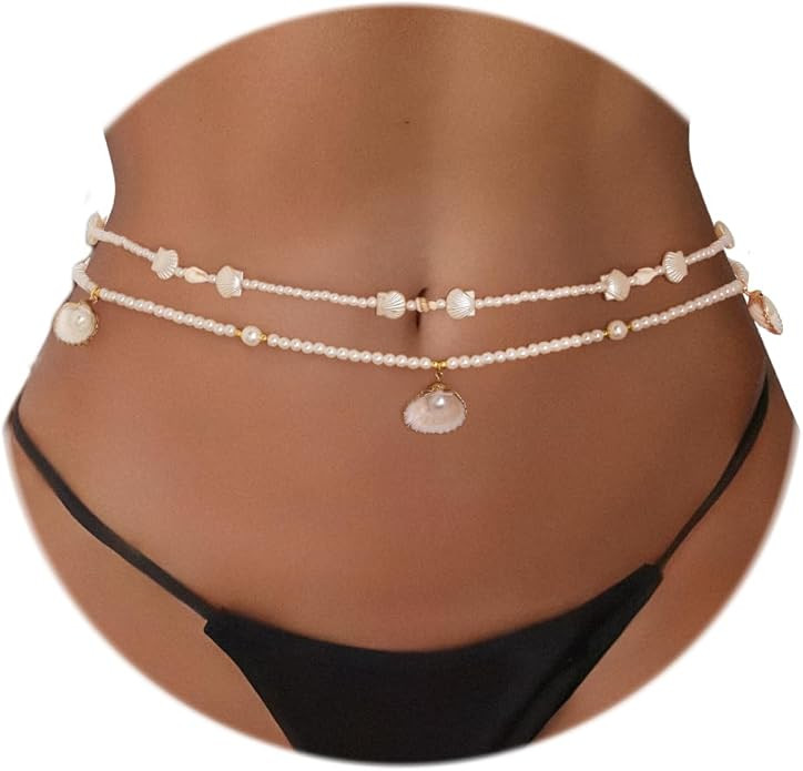 ELABEST Seashell Belly Chain Layered Pearl Shell Waist Chain Mermaid Beach Seashell Stomach Jewel... | Amazon (US)