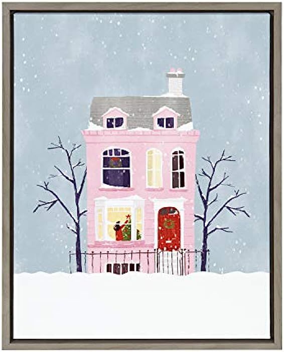 Kate and Laurel Sylvie Christmas Pink House Framed Canvas Wall Art by Maja Tomljanovic, 18x24 Gra... | Amazon (US)