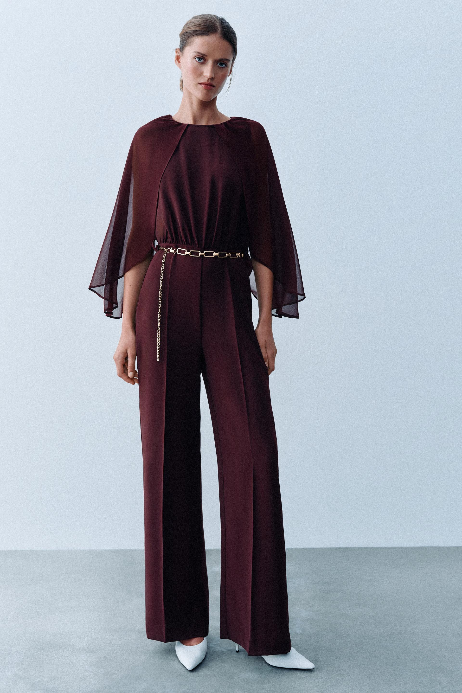 Zara - Cape Sleeve Belted Jumpsuit - Burgundy - Xs - Woman | Zara US