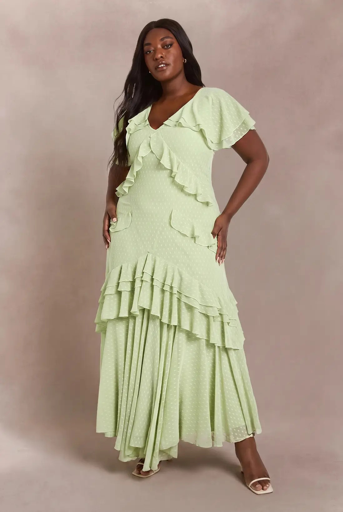 Sage Plus Dobby Chiffon Frill Detail Maxi Dress | Boohoo | Boohoo.com (UK & IE)