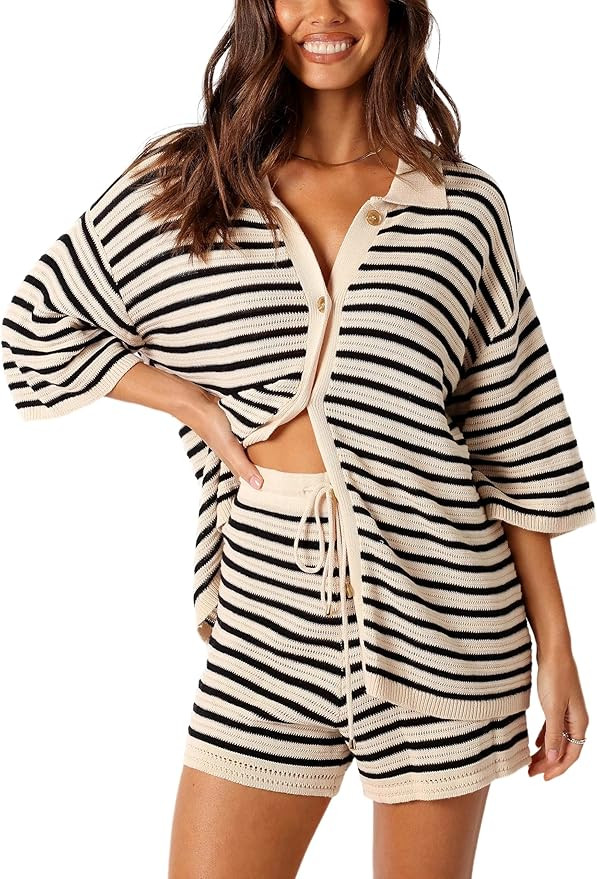 Watashi Women's Summer Two Pieces Knit Striped Polo Neck Short Sleeve Top with Button Loose High ... | Amazon (US)