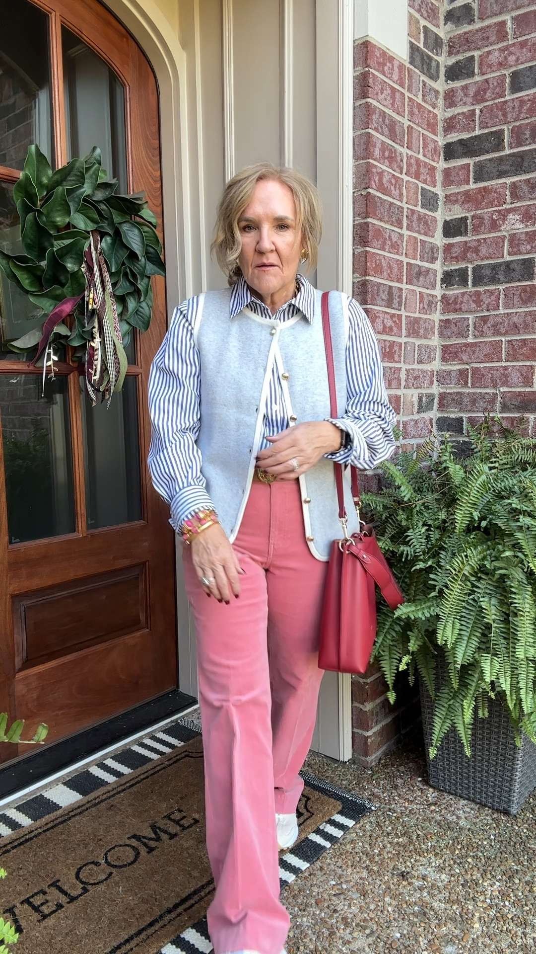 Abercrombie vest size large
Striped blouse size large but I need a medium it runs roomie. 15% off code NANETTE15
Pants size 6 size down!!!! 
Love my red faux leather bag from Amazon! 

Sneakers are a great casual option for these pants. These new balance 327 sneaks have been a favorite for a few years. Comfy yet a slim silhouette. Not too chunky. 

Talbots pink pants, pink corduroys, Abercrombie sweater, Abercrombie vest, gray vest, striped blouse

#LTKFindsUnder100 #LTKSaleAlert #LTKOver40