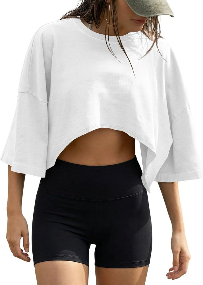 Fisoew Womens Summer Cropped Tops Casual Short Sleeve Drop Shoulder Loose Fit Lightweight Crop Wo... | Amazon (US)