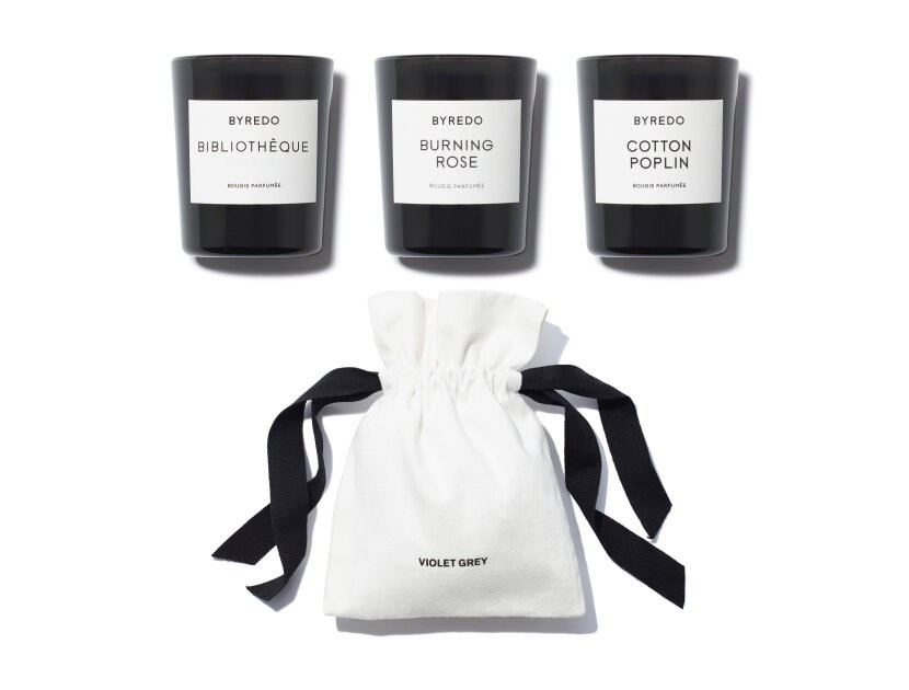 Byredo Mini Candle Set - Cotton Poplin, Bibliotheque & Burning Rose | Violet Grey