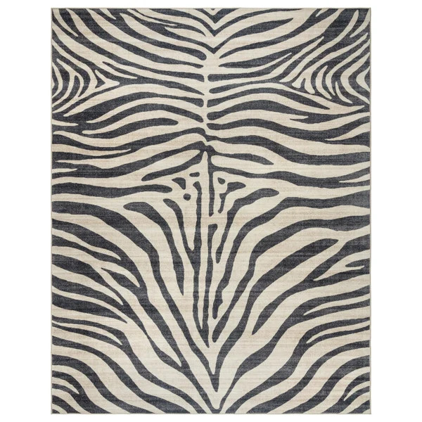 Samira Zebra Black Ivory Cream Machine Washable Modern Animal Print Indoor Area Rug, Flat Pile fo... | Wayfair North America