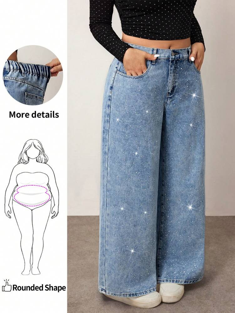 Enliva Plus Size Washed Diamond Embellished Loose Fit Jeans Mother Day Summer Flowy Pants Y2k Streetwear Club Graduation Airport Old Money Style, For Apple Rounded Body Shape | SHEIN