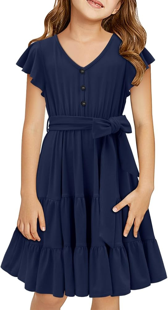storeofbaby Girls Short Sleeve Dress V Neck Button Ruffle Hem Dresses with Belt 5-14 Years | Amazon (US)