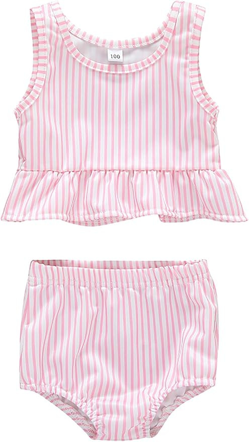 LYSMuch Toddler Baby Girl Ruffles Bathing Suit Infant Girl Swimsuits Striped Swimwear Beachwear | Amazon (US)