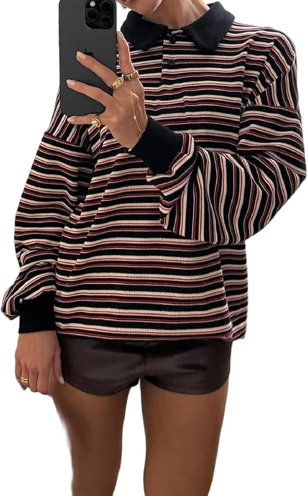 Women Striped Rugby Polo Shirt Y2k Oversized Lapel Collared Pullover Tops Loose Fit Button Up Lon... | Amazon (US)