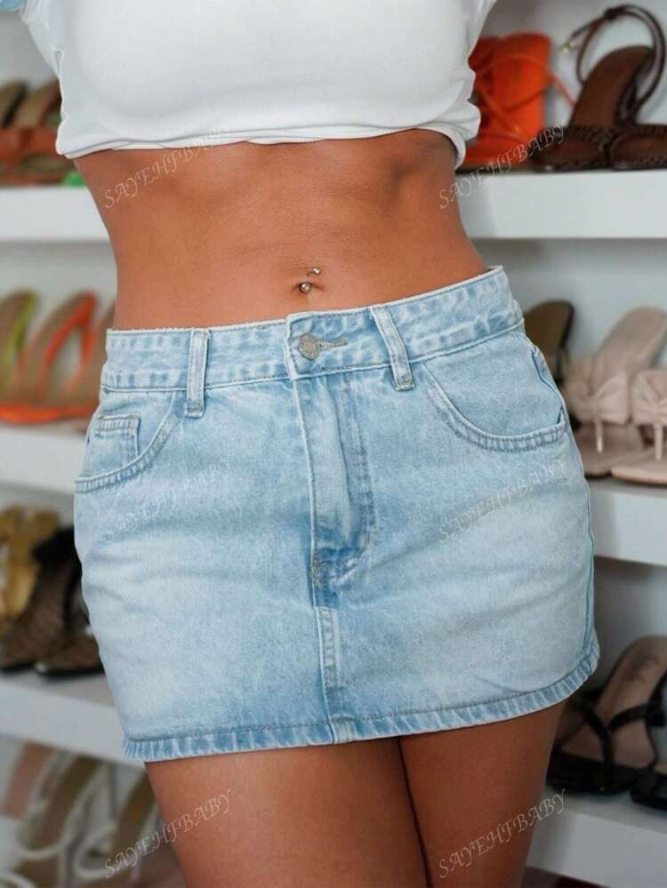 SAYEHFBABY Sexy Low Waist Washed Denim Mini Skirt | SHEIN