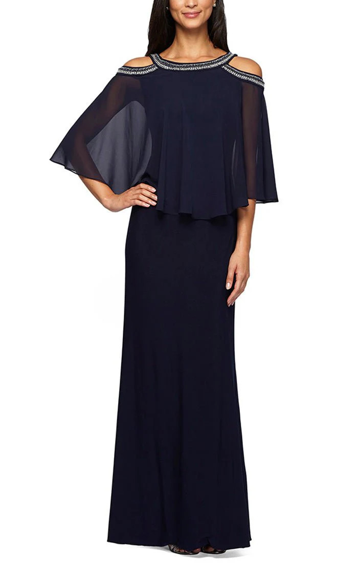 Cold Shoulder Popover Jersey &amp; Chiffon Gown with Beaded Neckline | Alex Evenings