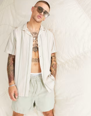 ASOS DESIGN camp collar shirt in pink stripe - part of a set | ASOS (Global)