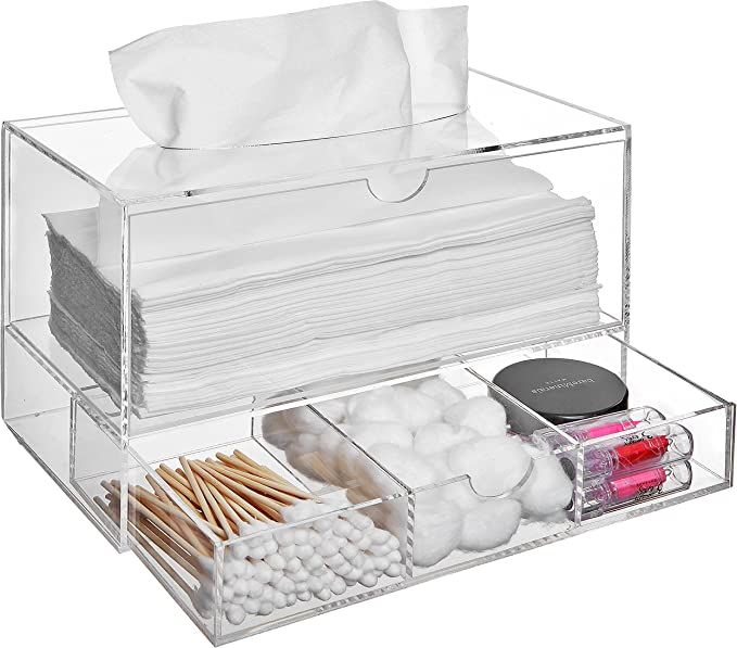 Modern Clear Acrylic Cosmetic Organizer with Pull Out Makeup Storage Drawer with Tissue Box Dispe... | Amazon (US)