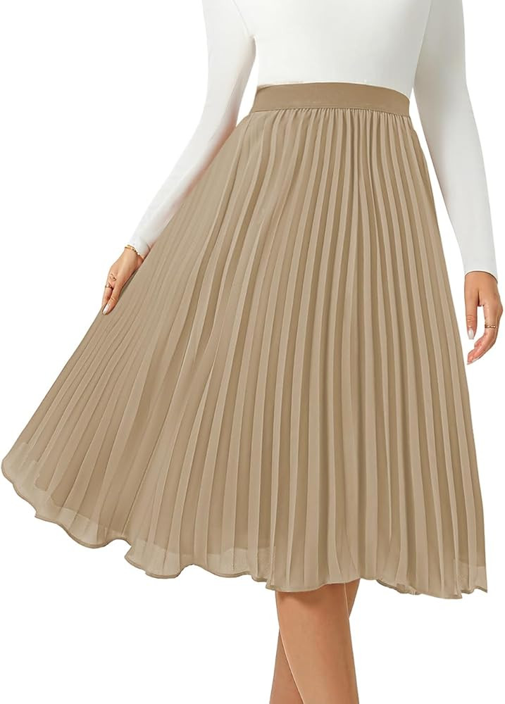 Women's Midi Skirt Elastic High Waist Pleated Skirt Knee Length Swing A-Line Casual Flowy Skirts ... | Amazon (US)