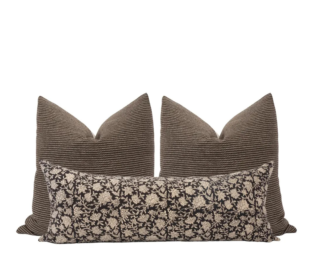 Choose Your Lumbar Cover Moody Brown Pillow Cover Combo Floral Pillow Set Block Print Pillow Set ... | Etsy (US)