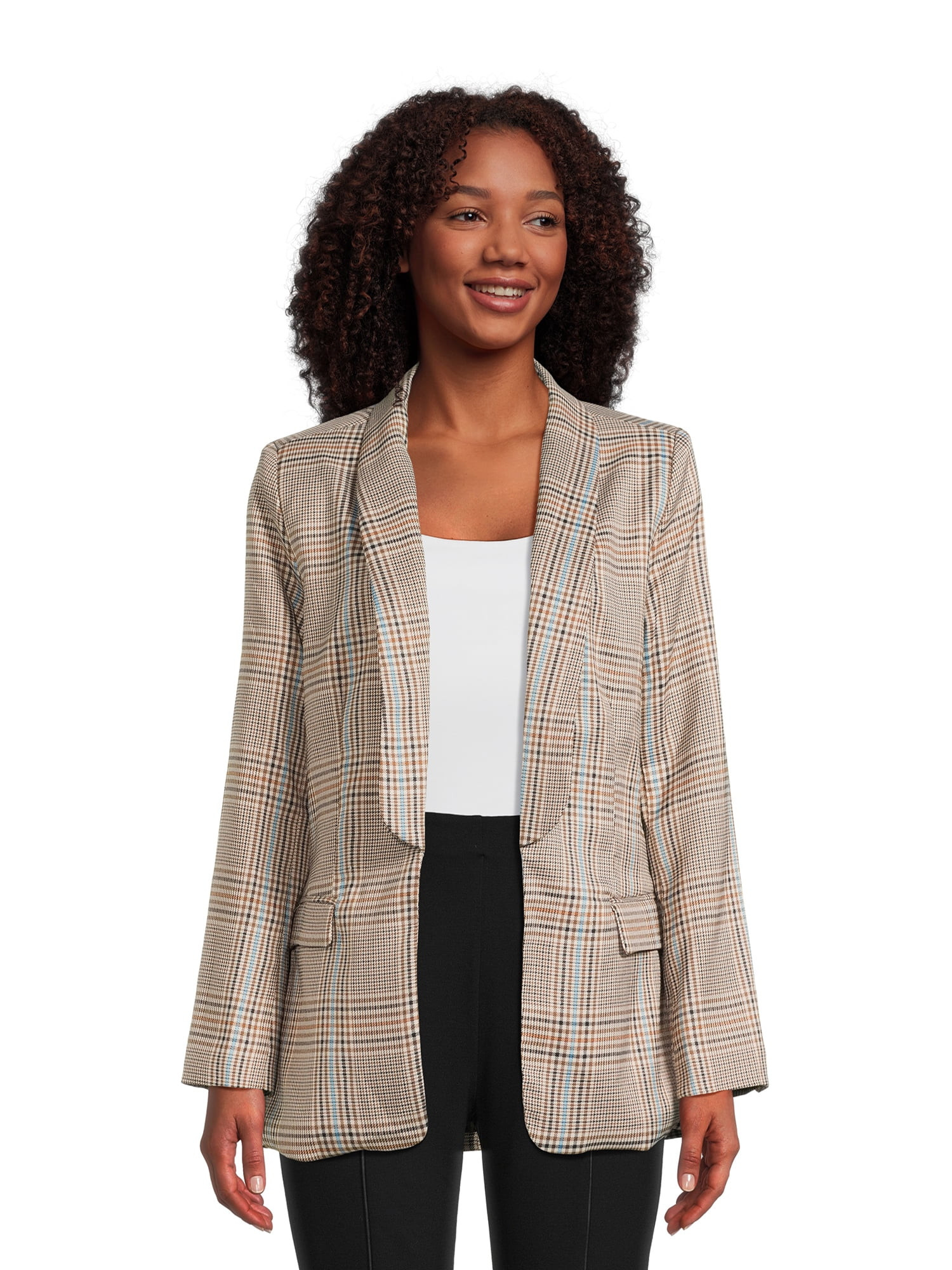 Attitude Unknown Women's Shawl Collar Relaxed Fit Plaid Blazer, Sizes XS-XL | Walmart (US)