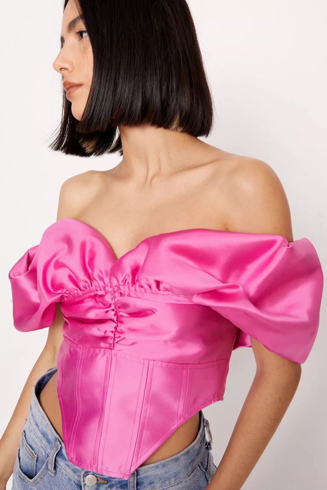 Satin Twill Off The Shoulder Puff Sleeve Corset Top | Nasty Gal US