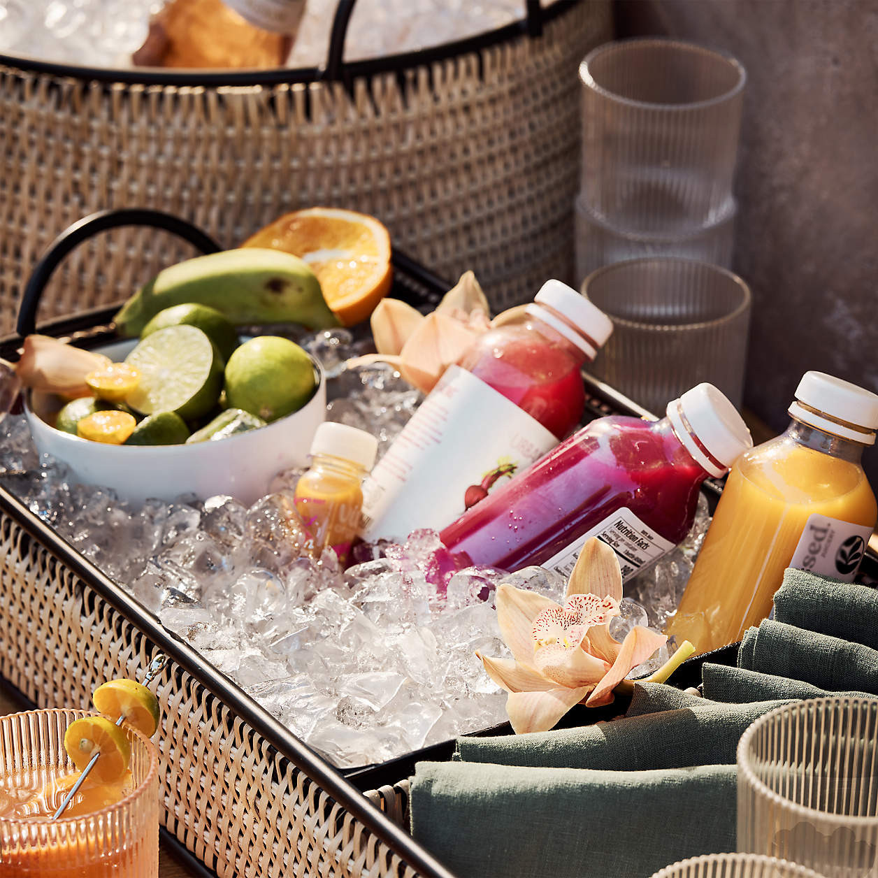 Tamarind Black Rim Wicker Drink Station | Crate & Barrel | Crate & Barrel