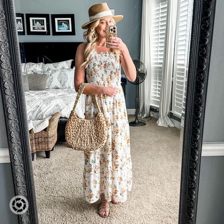 This dress is adorable. I’m wearing a small. 
Maxi dress | Easter | Mother’s Day | Amazon | wedding guest | date night | summer | spring | beach | vacation | summer purse | woven purse | hat | fedora | sandals 

#LTKitbag #LTKstyletip #LTKfindsunder50
