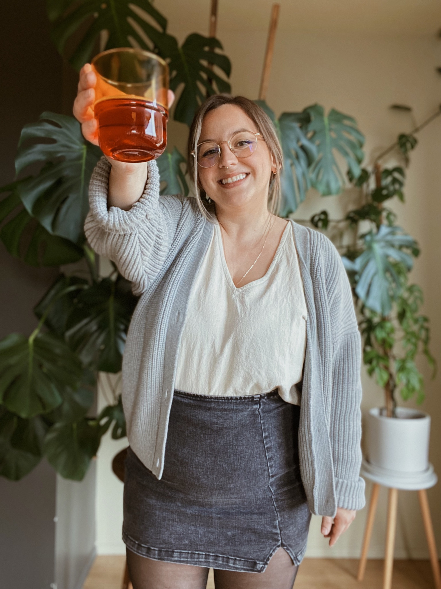 sweater - tradlands shelter cardigan
top - front linen deep v 
skirt - linked
tights - sheertex
boots - linked 
glass cup - linked 
🧡

#LTKstyletip #LTKunder50 #LTKhome
