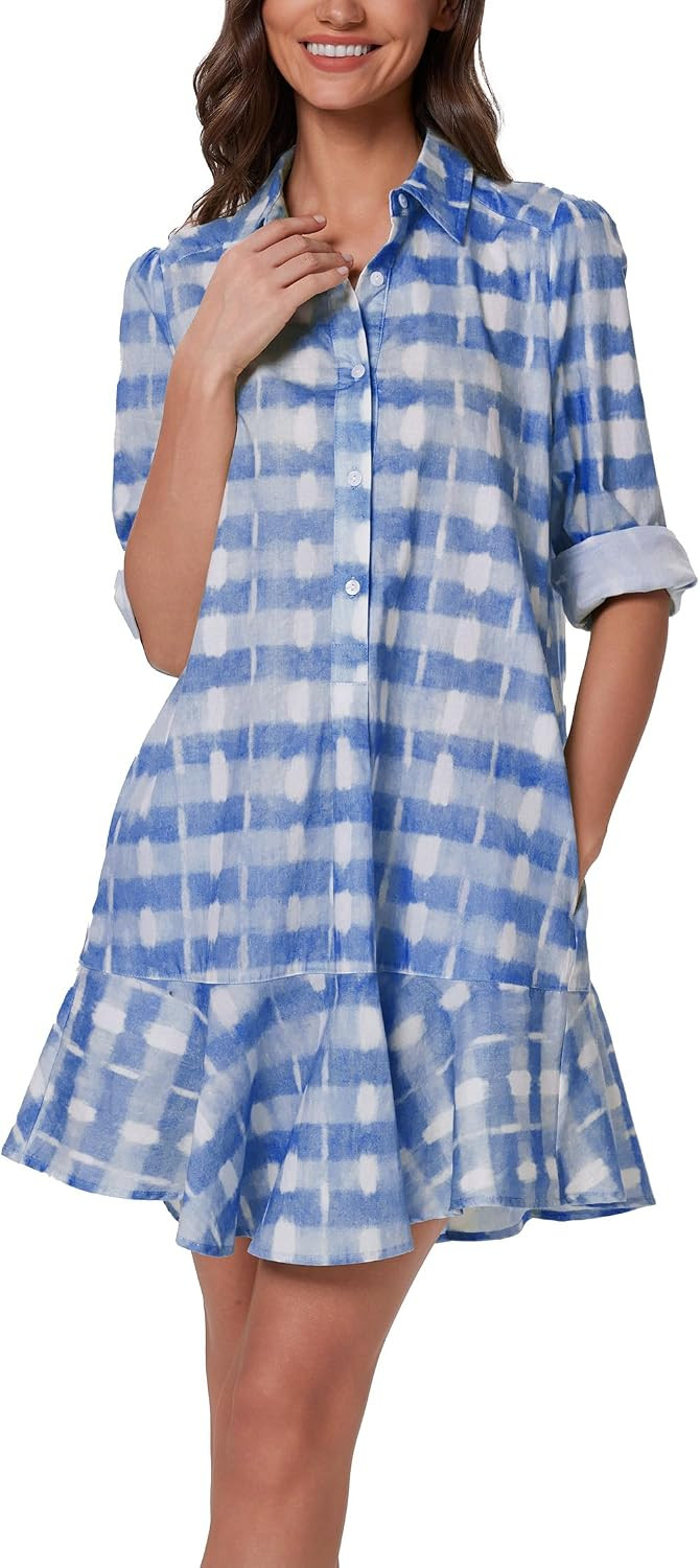 D-Sun Women Casual Plaid Shirt Mini Dress V Neck Long Sleeve Button Down Ruffled Hem Short Swing Dress with Pockets | Amazon (US)