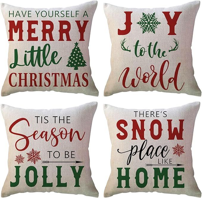 Christmas Quotes Throw Pillow Covers Red Green Winter Holiday Saying Merry Little Christmas/Snow ... | Amazon (US)