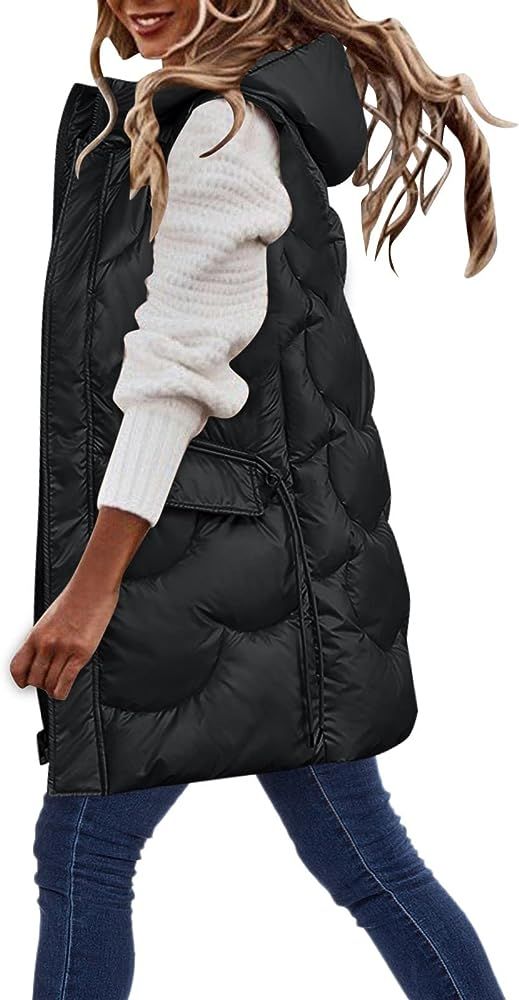 Oiumov Women's Long Down Sleeveless Hooded Vests Jackets Plus Size Warm Jackets Slim Zip Up Puffe... | Amazon (US)