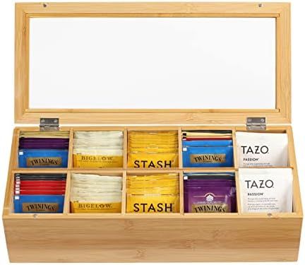TreeLen Natural Bamboo Tea Bag Organizer Box, 10 Adjustable Divided Compartments Tea Organizer for T | Amazon (US)