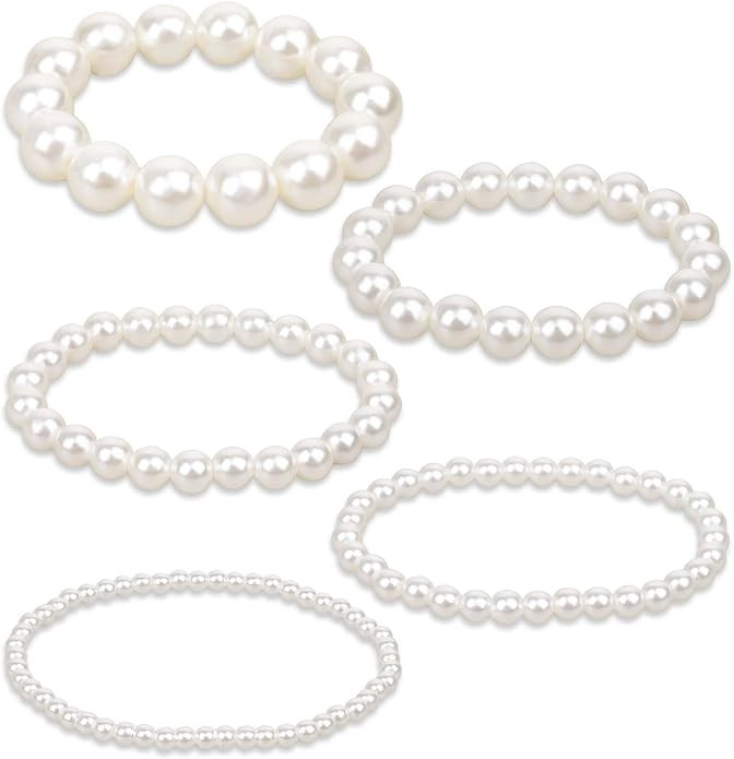 KALIONE 5 Pcs White Pearl Bracelets for Women, White Stretch Bridesmaid Pearl Bracelets Bridal We... | Amazon (US)