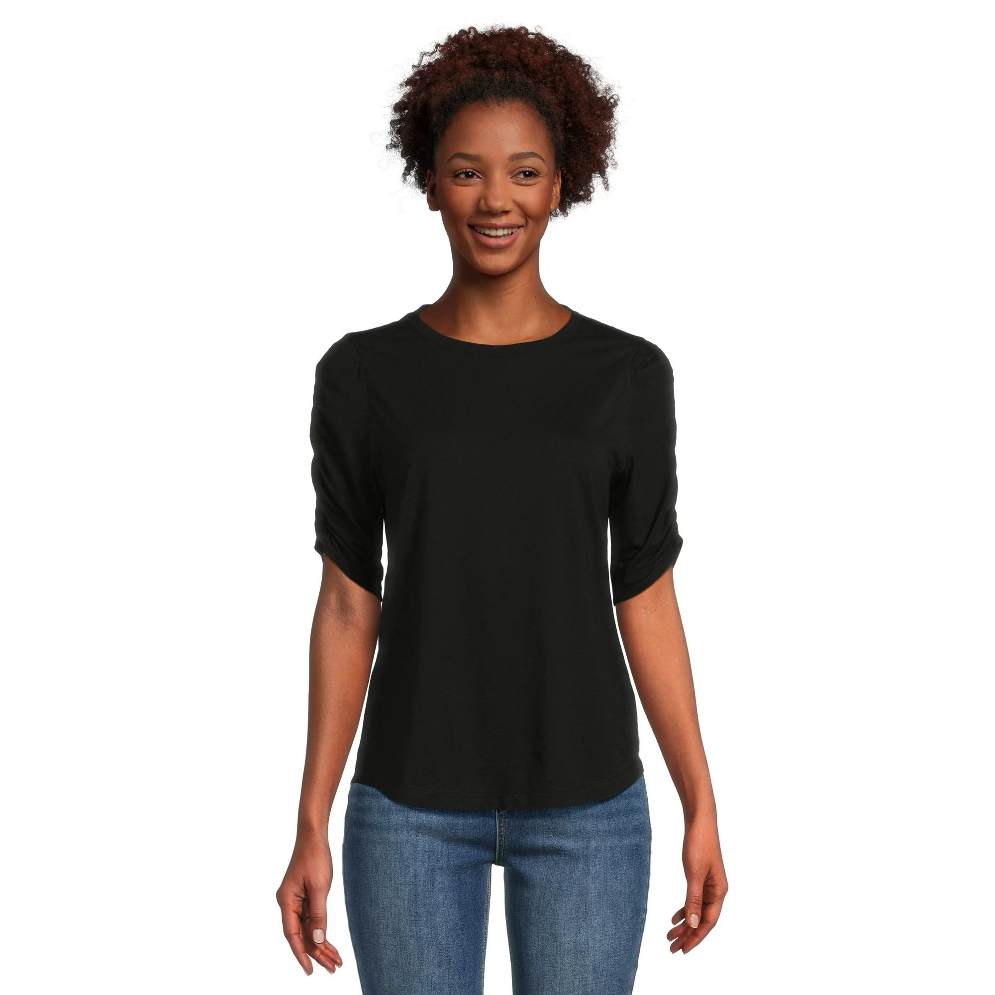 Time and Tru Women's Top with Short Ruched Sleeves, Sizes S-XXXL | Walmart (US)