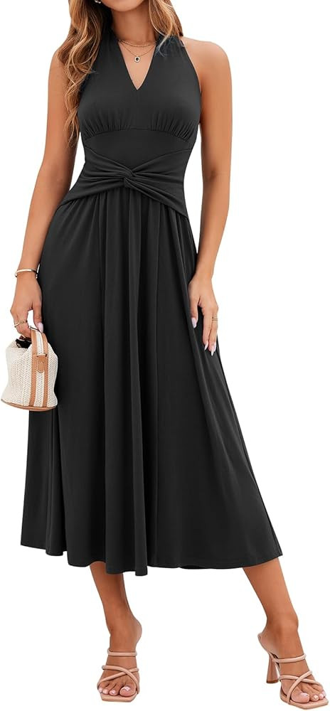 Sureple Women's V Neck Midi Dresses with Pockets Sleeveless Twist Waist Pleated Aline Flowy Beach... | Amazon (US)