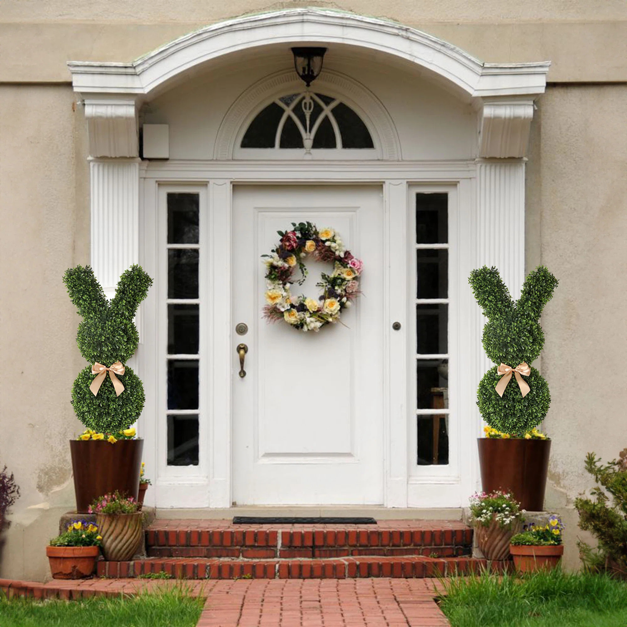 36" Artificial Boxwood Rabbit Topiary Tree With Gold Bow (set Of 2) | Wayfair North America