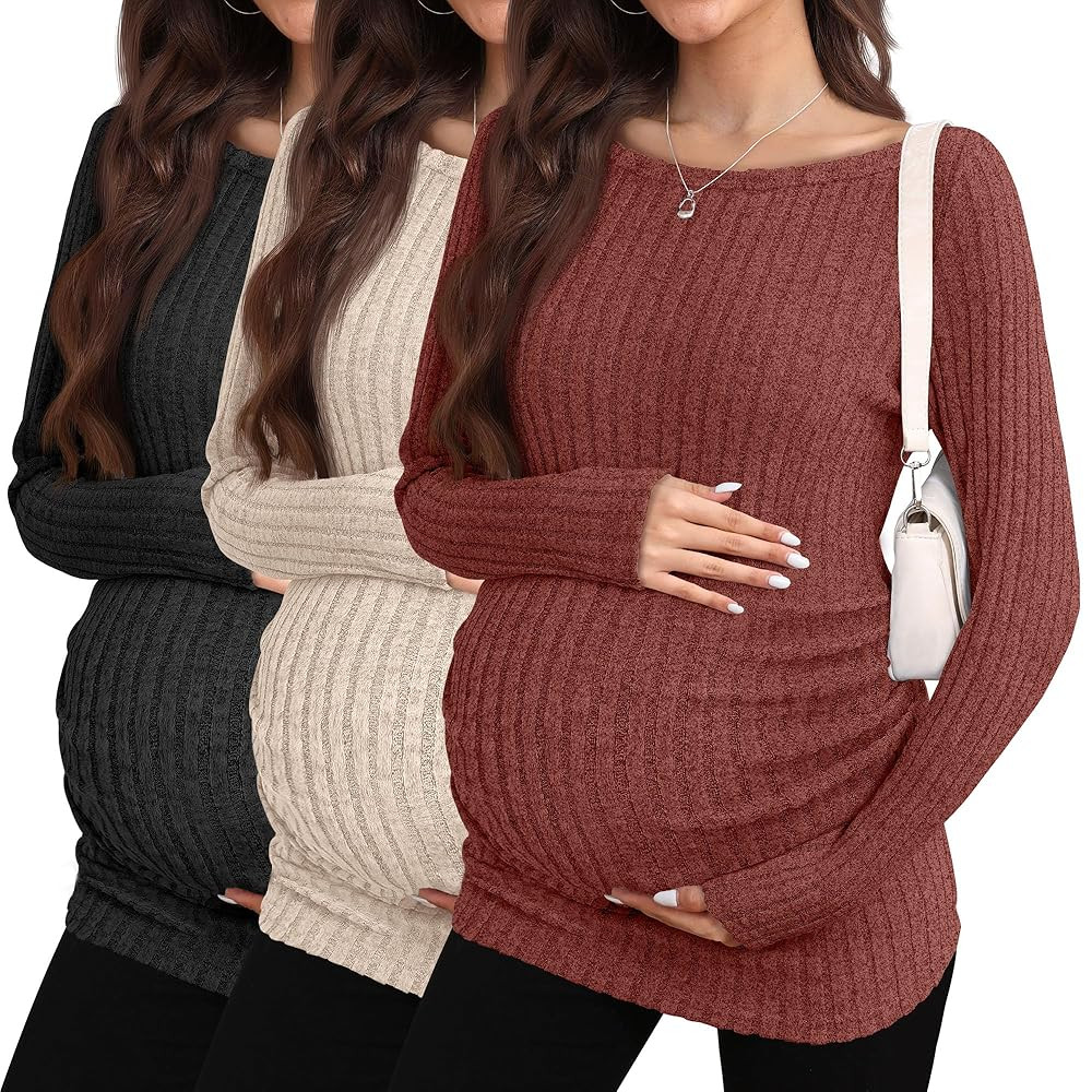 3 Pack Fall Maternity Shirts Long Sleeve Maternity Sweaters Boat Neck Ribbed Knit Pregnancy Winte... | Amazon (US)