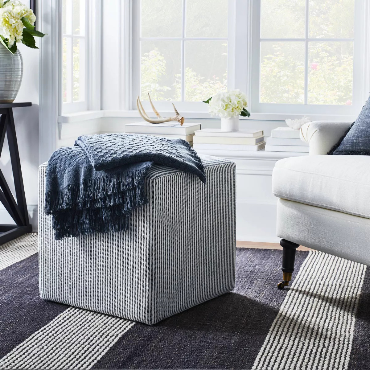 Lynwood Square Upholstered Cube Ottoman Tan Stripe - Threshold™ designed with Studio McGee | Target