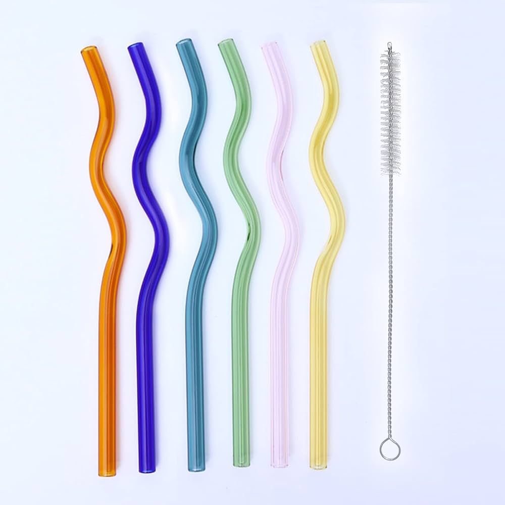 Birugen 6-pack Glass Straws,Reusable Glass Straws, Wavy Glass Straw,Glass Straws Shatter Resistan... | Amazon (US)