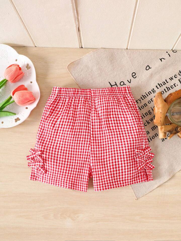 Baby Girl Summer Vacation Red And White Plaid Side Seam Bottom Slit Drawstring Bowknot Casual Cute Shorts | SHEIN