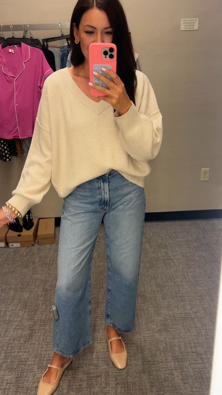Medium sweater
Went down in jeans
Flats run tts 

#LTKSaleAlert #LTKxNSale #LTKSummerSales