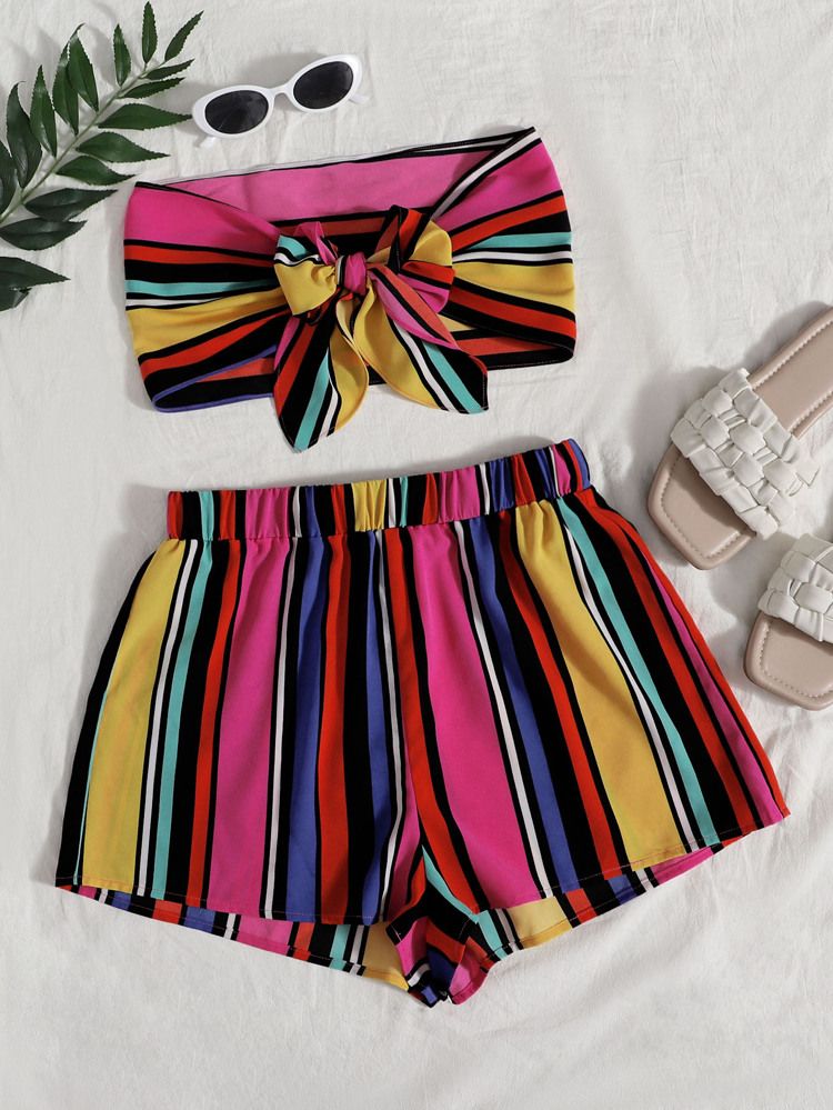 SHEIN Striped Colorblock Tie Front Crop Tube Top & Shorts Set | SHEIN