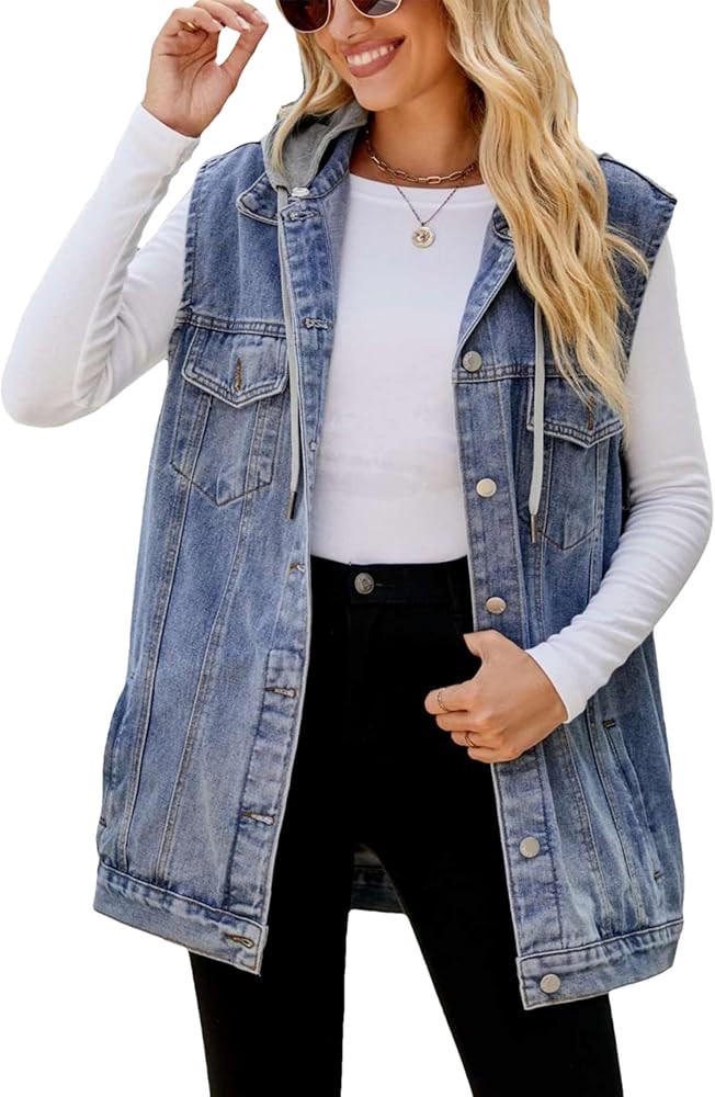 Denim Jean Vest for Women Oversized Sleeveless Mid Long Button Down Denim Waistcoat | Amazon (US)